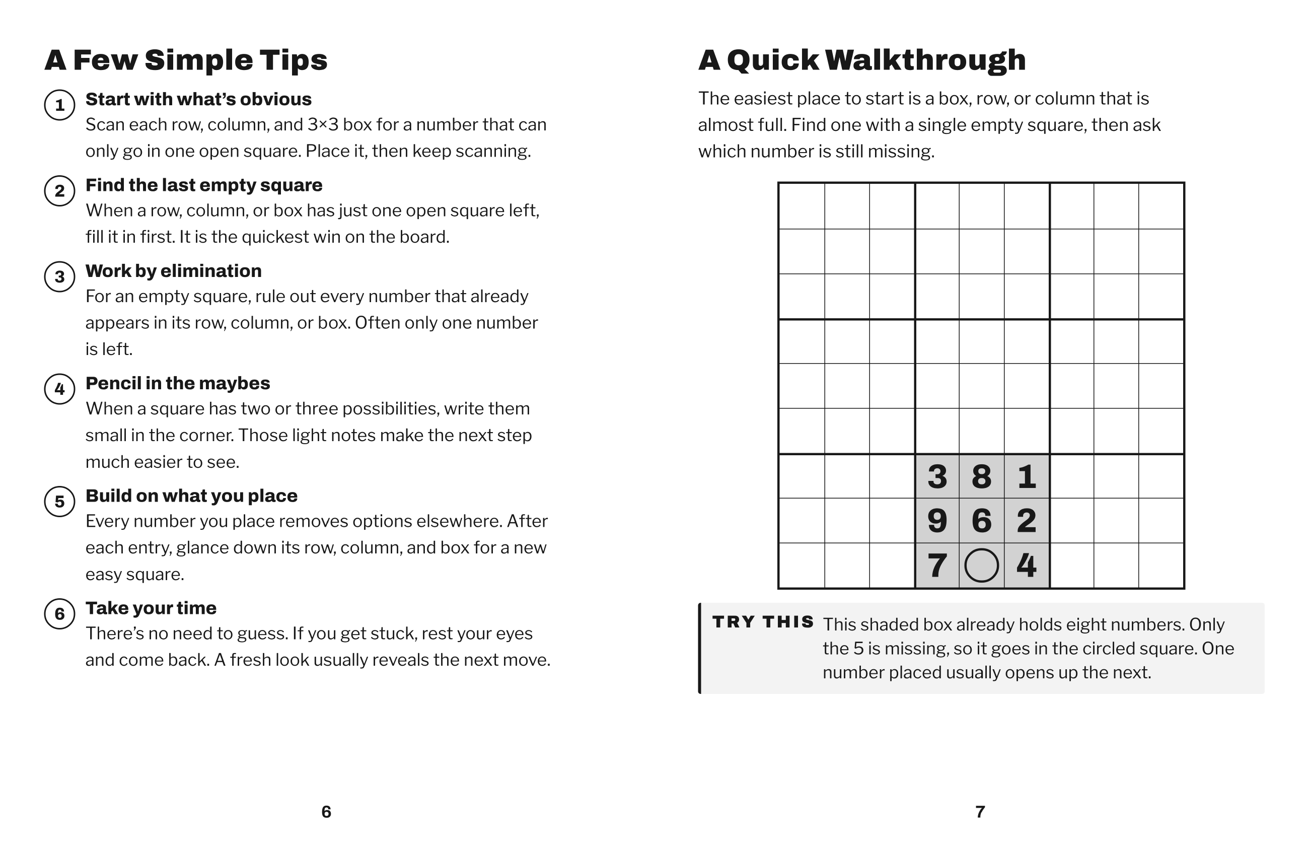 Two front-matter pages: a warm welcome letter and gentle solving tutorials in large print