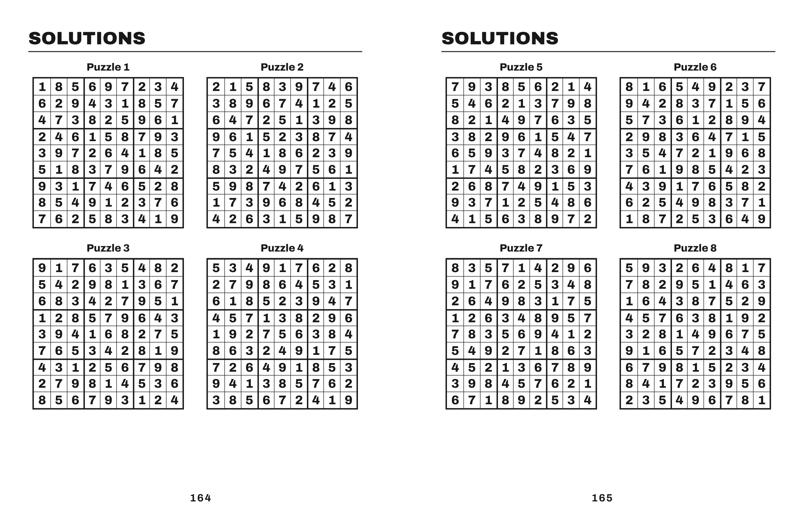 Two solution pages with four large-print answer grids per page